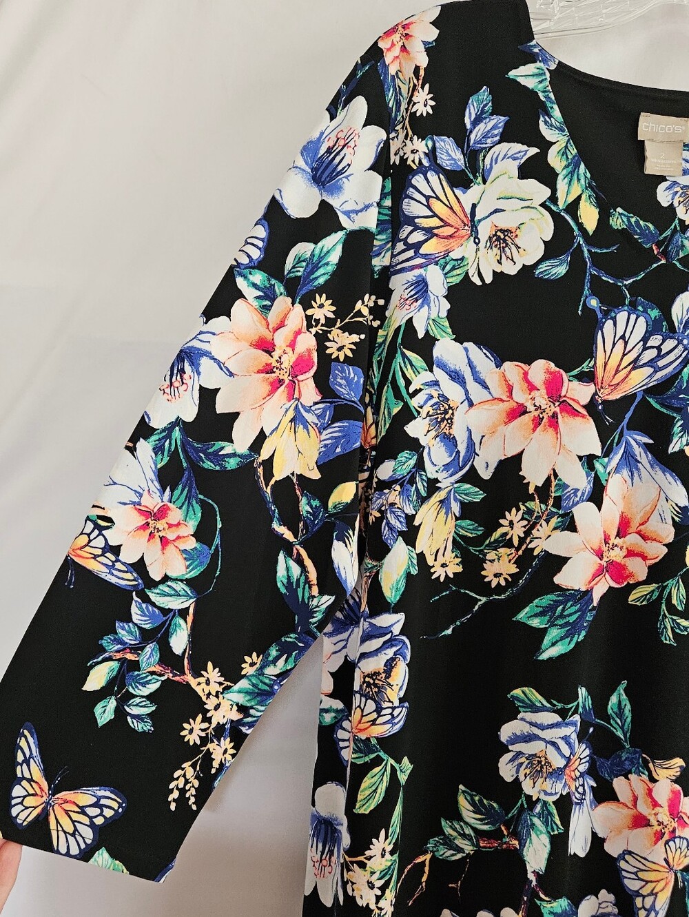 Black Floral Midi Dress with Multicolor Blooms Chico's Knee Length Floral Dress - Picture 5 of 10